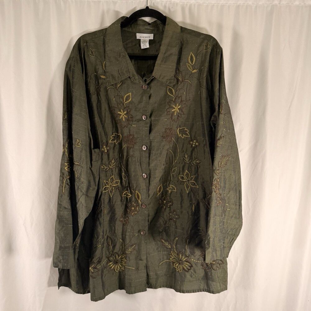 Avenue Silk Blend Jacket Women's 30/32 Green Floral Button Front Collared